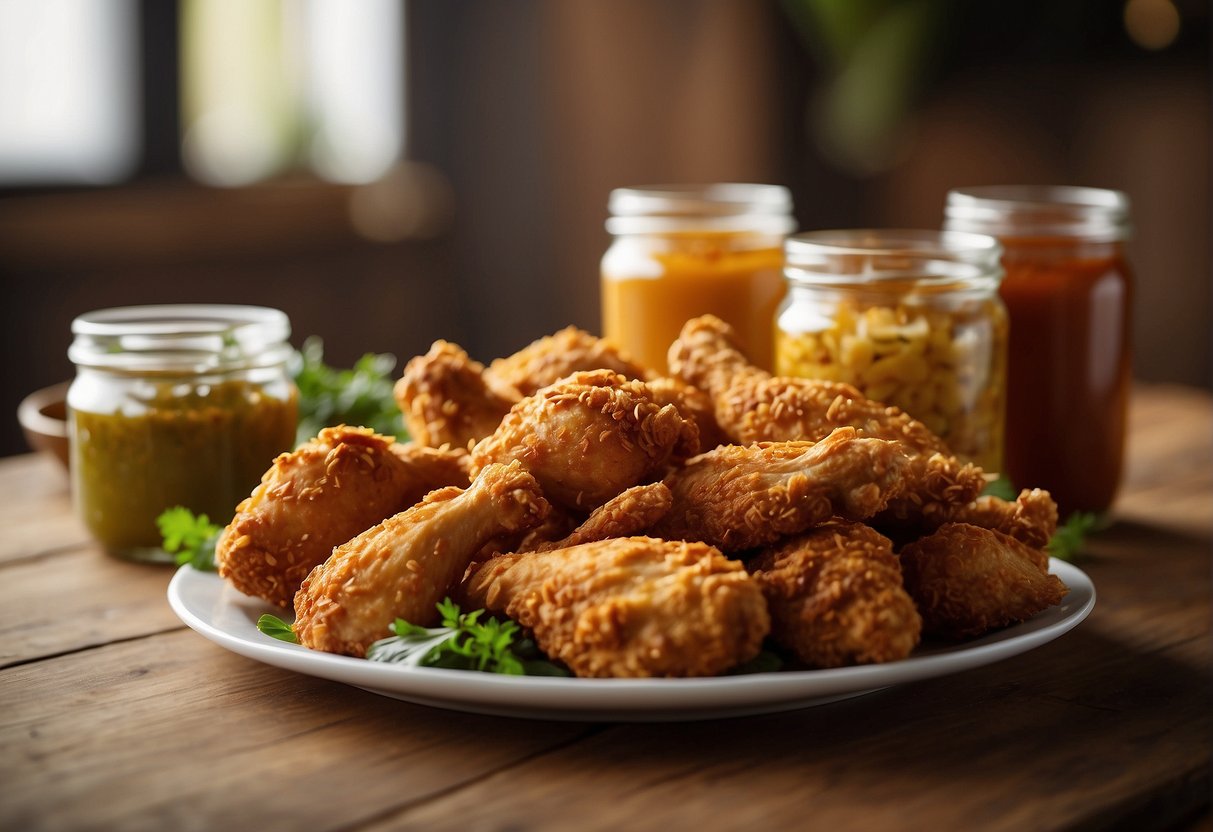 A platter of golden fried chicken sits on a wooden table, surrounded by jars of homemade sauces. Airtight containers hold leftover chicken for future meals