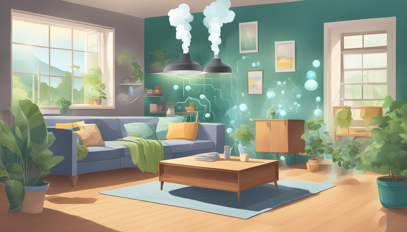 A room with various household items emitting VOCs into the air, causing poor indoor air quality and potential health risks