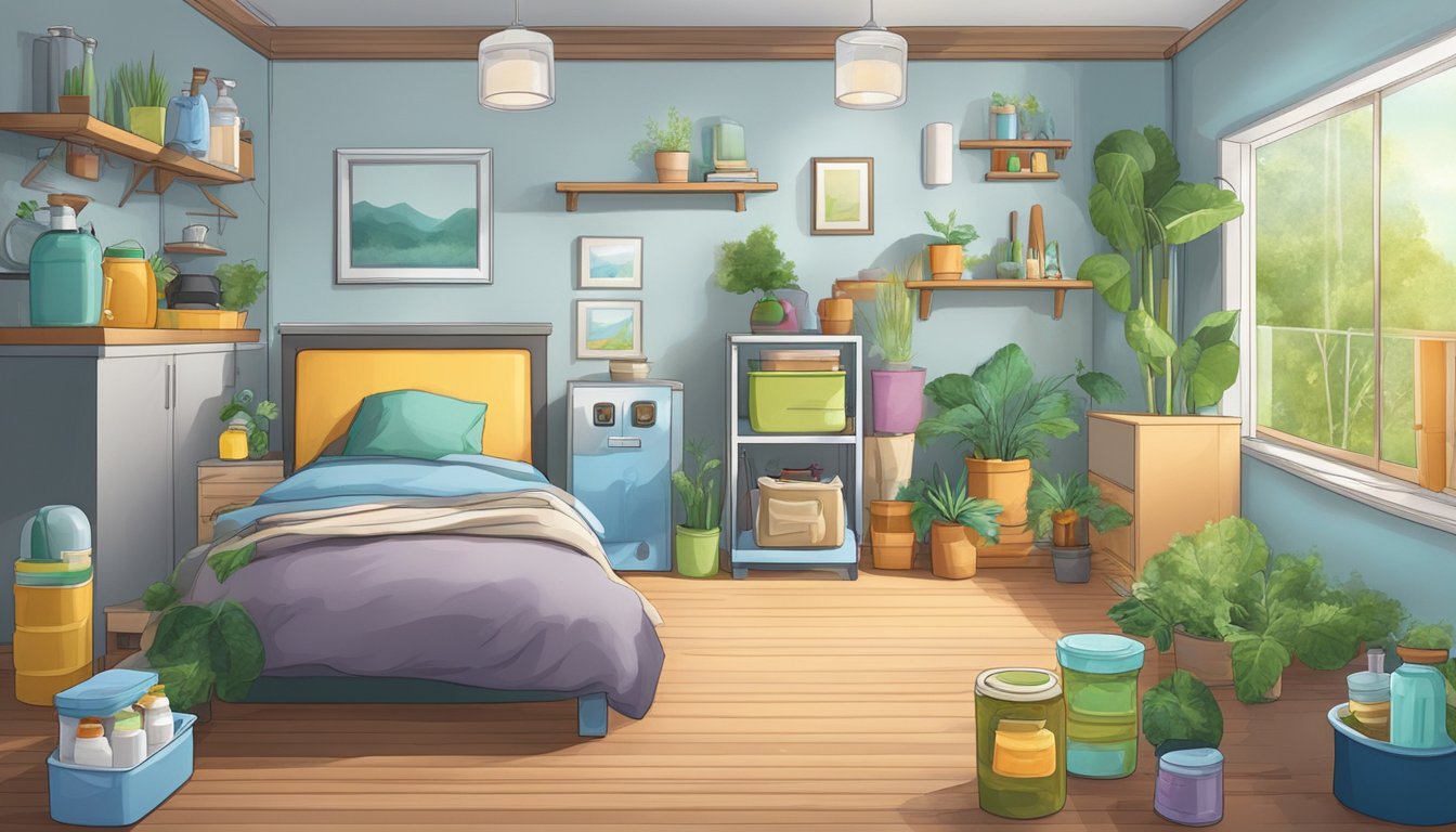 A room with various household products emitting VOCs, causing poor indoor air quality and health issues