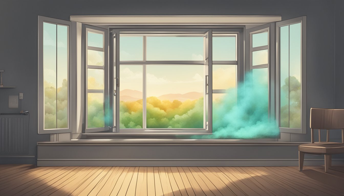 An open window with toxic fumes entering a room, causing discomfort and health issues for the inhabitants