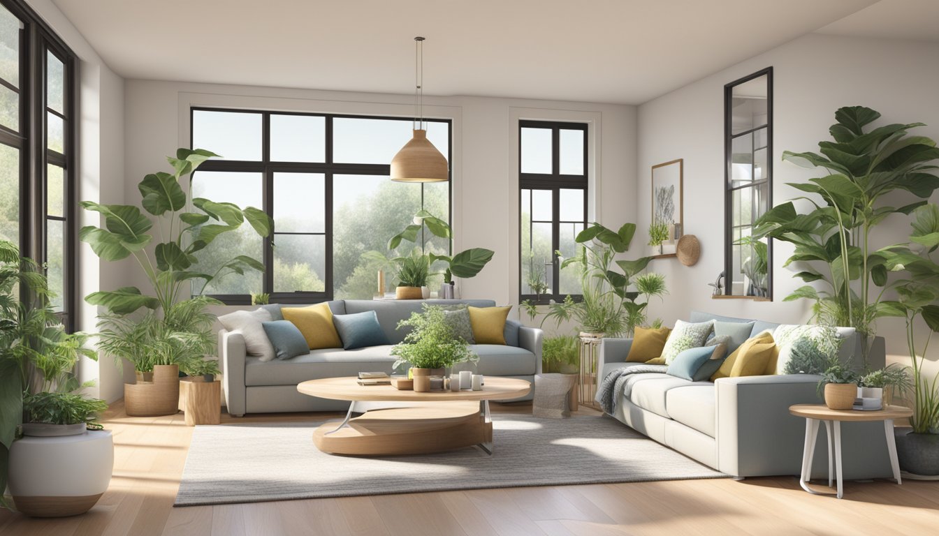 A modern, airy living room with plants, natural light, and eco-friendly furniture. Low-VOC paint and sustainable materials are evident throughout the space
