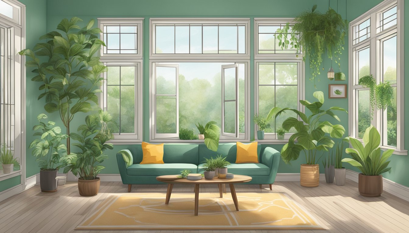A room with plants, open windows, and low-VOC paint. No harsh chemicals or strong odors. Clean air and eco-friendly materials