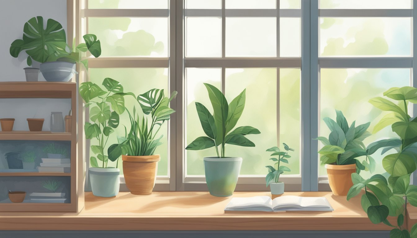An open window allows fresh air to circulate, while indoor plants absorb VOCs. Low-VOC paint and natural cleaning products are visible on a shelf