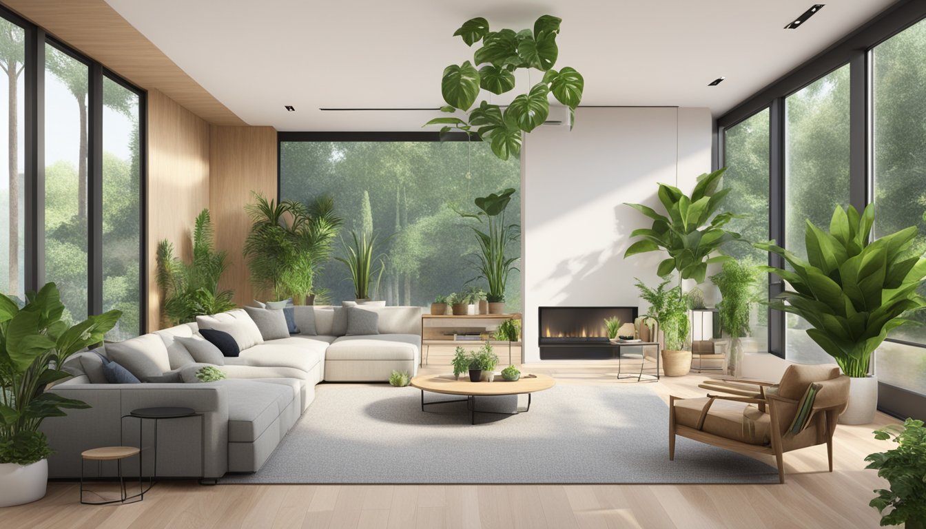 A modern living room with large, leafy plants placed strategically around the space to naturally purify the air. Eco-friendly decor and furniture contribute to a healthier indoor environment