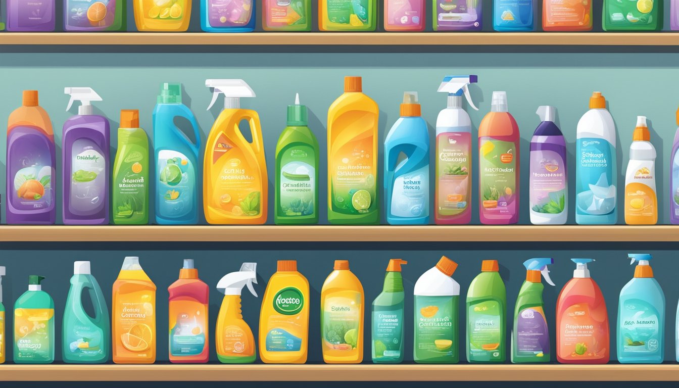 A variety of cleaning products sit on shelves, emitting volatile organic compounds (VOCs). Choose safer alternatives to reduce exposure