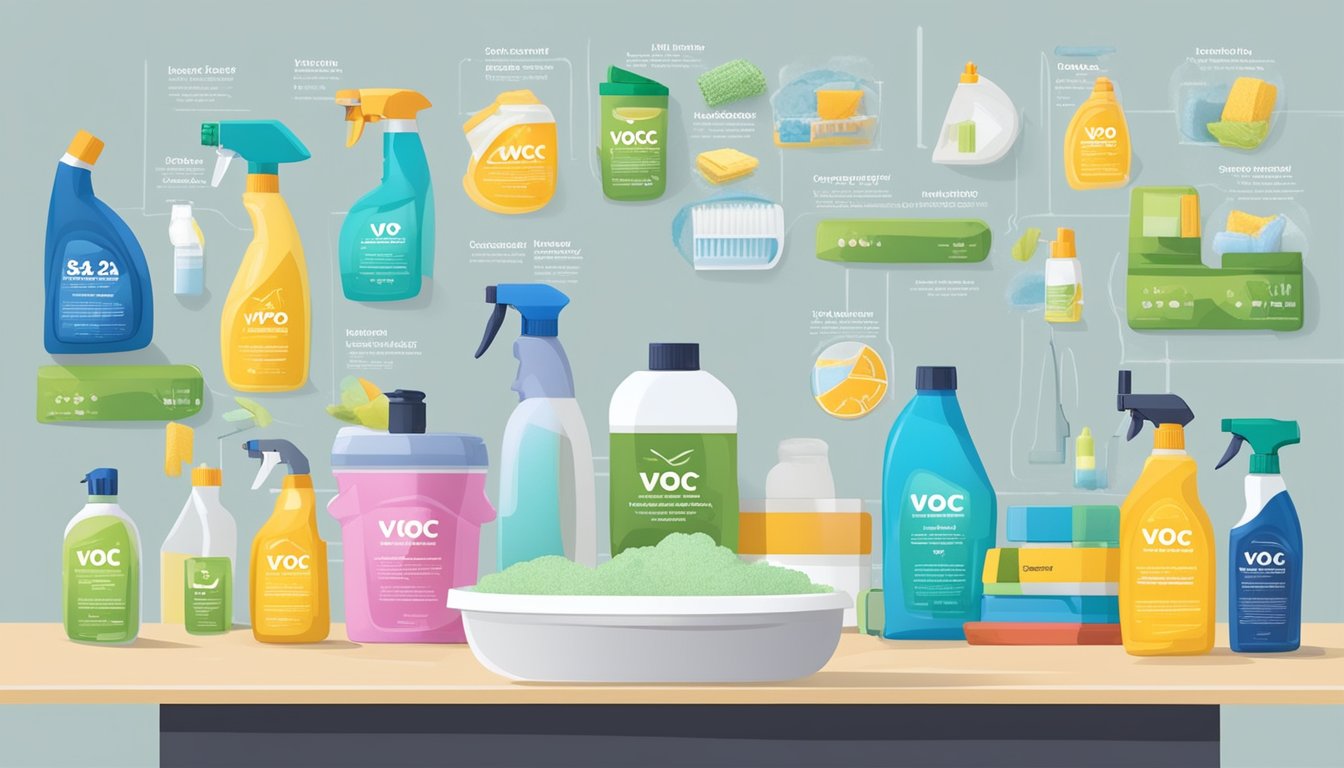 A table with various cleaning products labeled with VOC levels, surrounded by informational posters on VOC regulations and safer alternatives