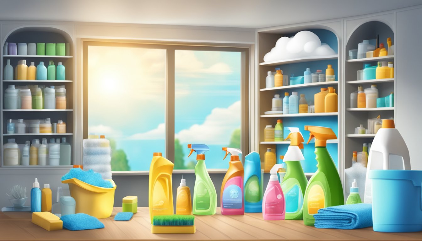 A room with various cleaning products on a shelf. A cloud of VOCs hovers over the products. Fresh air flows in through an open window
