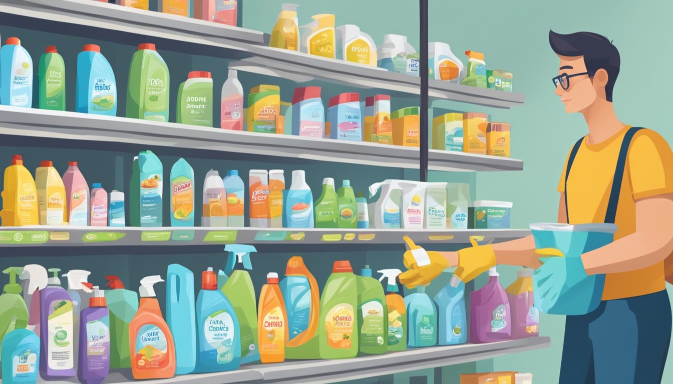 A shelf with various cleaning products, some labeled "low VOC," others with "high VOC" warnings. A person reading labels and comparing products