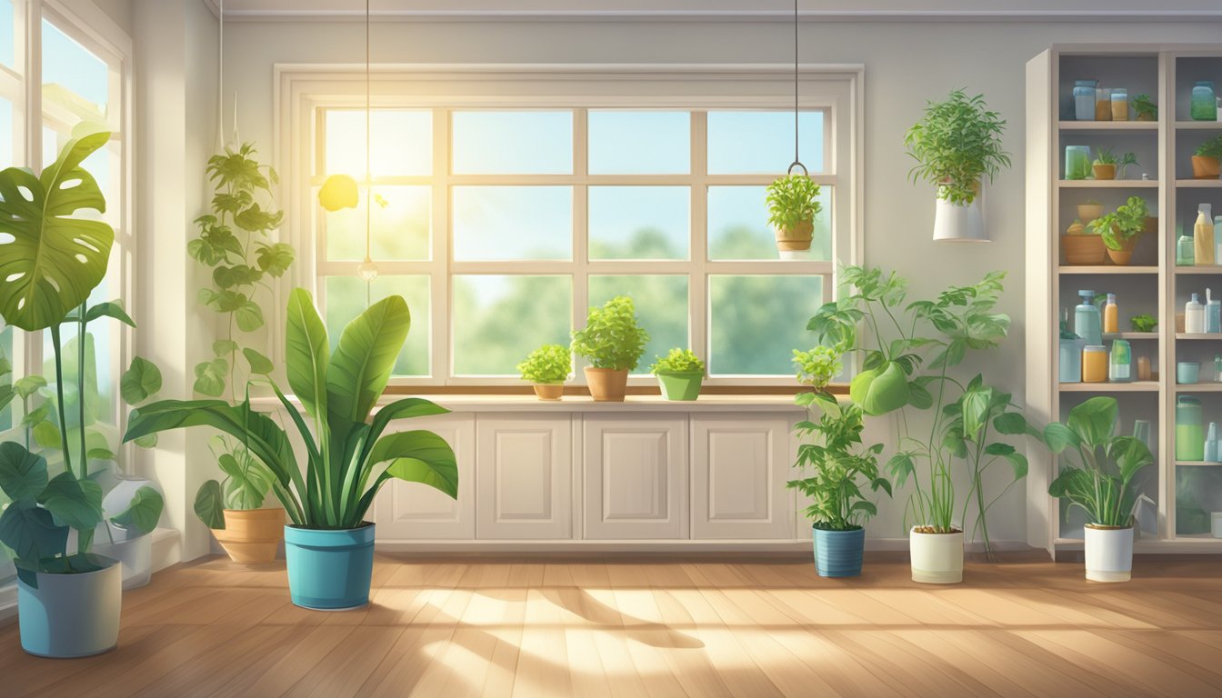 A sunny room with plants and open windows. Non-toxic cleaning products on a shelf. A label showing "VOC-free" on a spray bottle