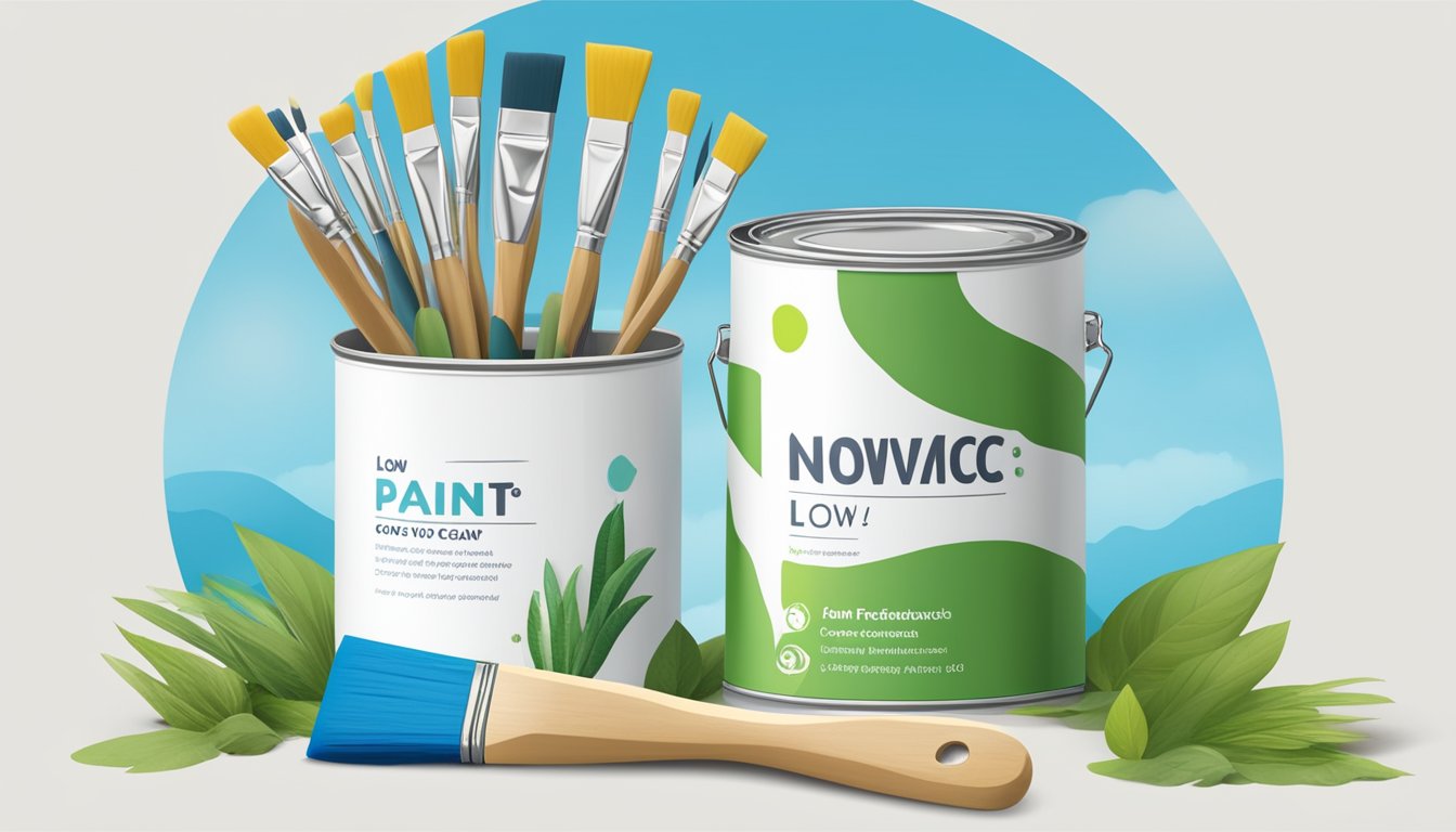 A paint can with "Low-VOC" label surrounded by eco-friendly paintbrushes, plants, and a clear blue sky