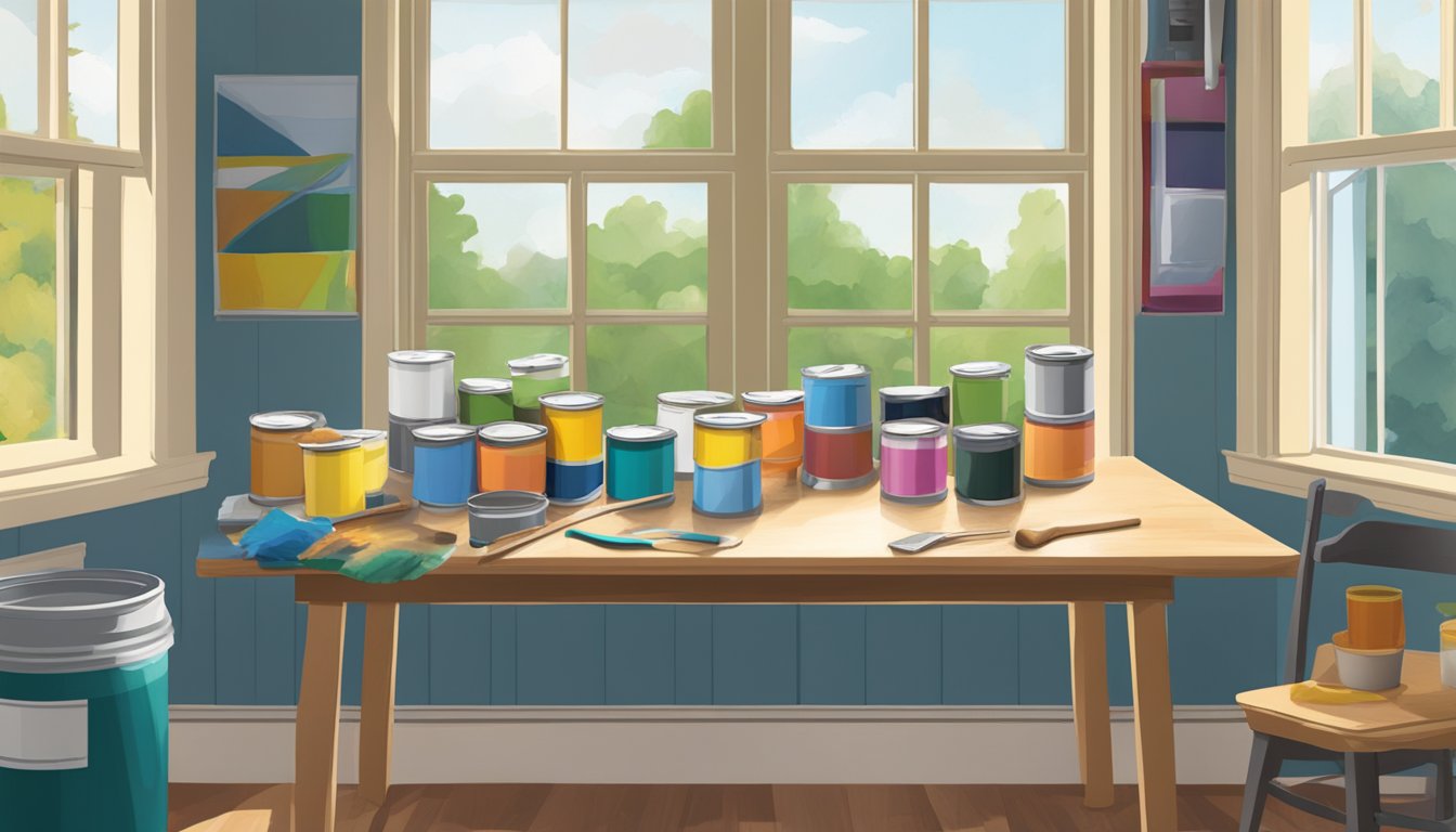 A room with open windows, showcasing various cans of low-VOC paints and coatings on a table, with a brush and roller nearby