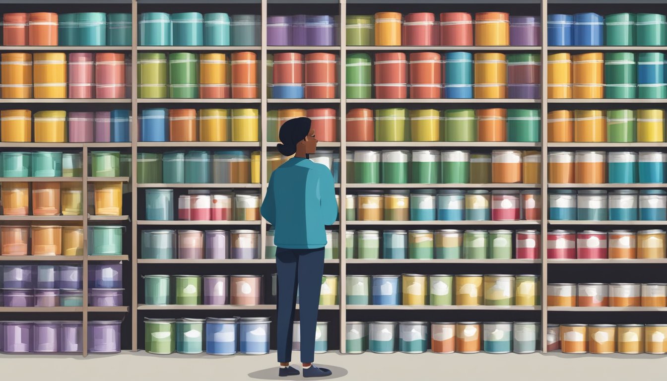 A person stands in front of rows of paint cans, comparing labels and considering low-VOC options for their home