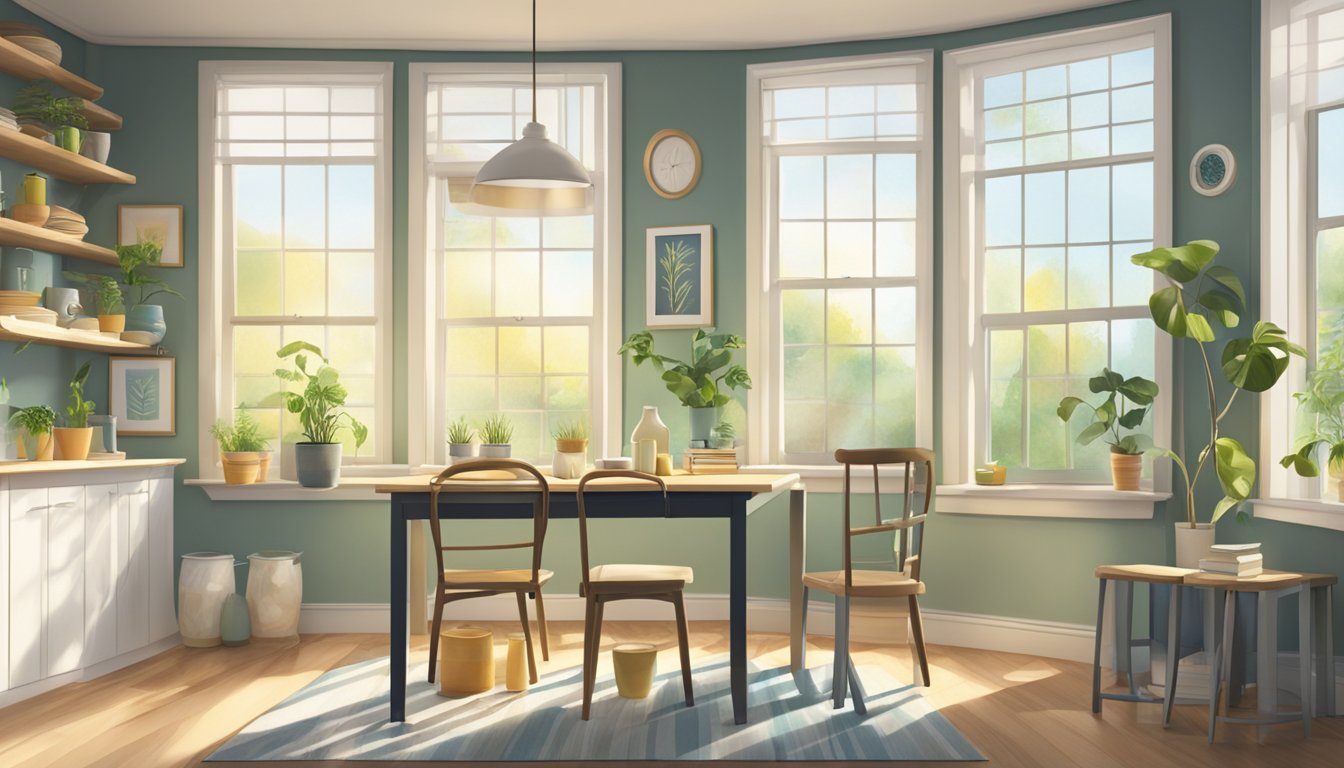 A room with open windows and a table set with low-VOC paint cans and brushes. Light streams in, showcasing eco-friendly paint options for home use