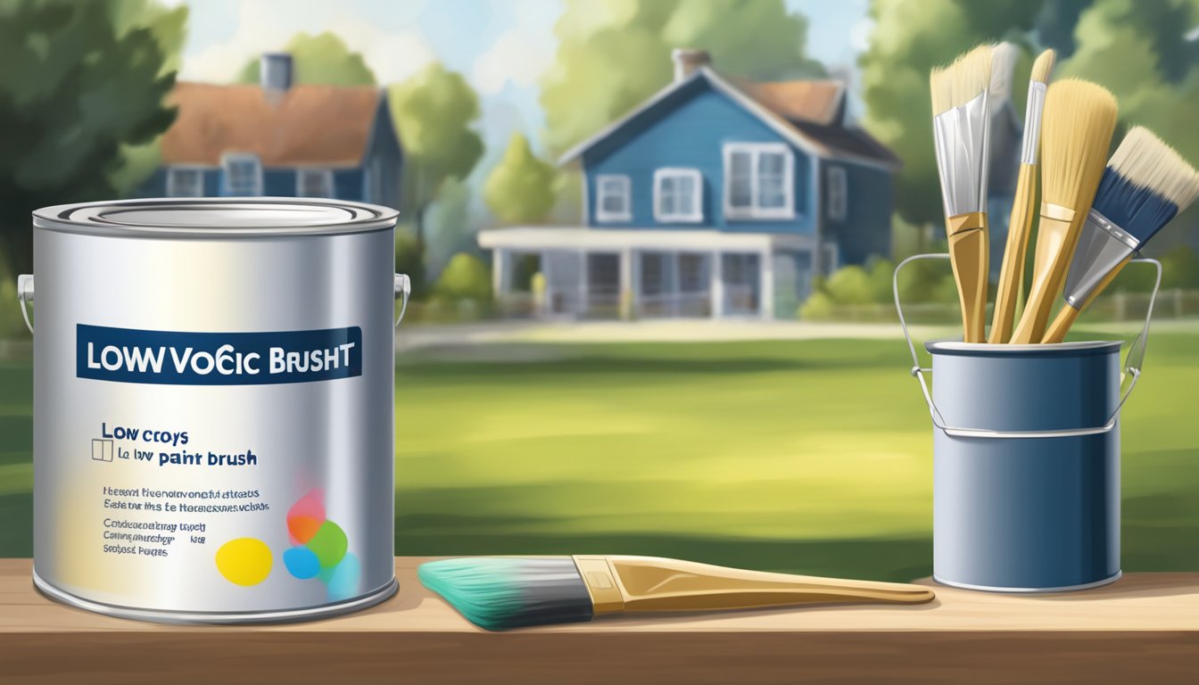 A paint can and brush on a wooden surface, with a house in the background. The can is labeled "low-VOC" and the brush is applying paint to the surface