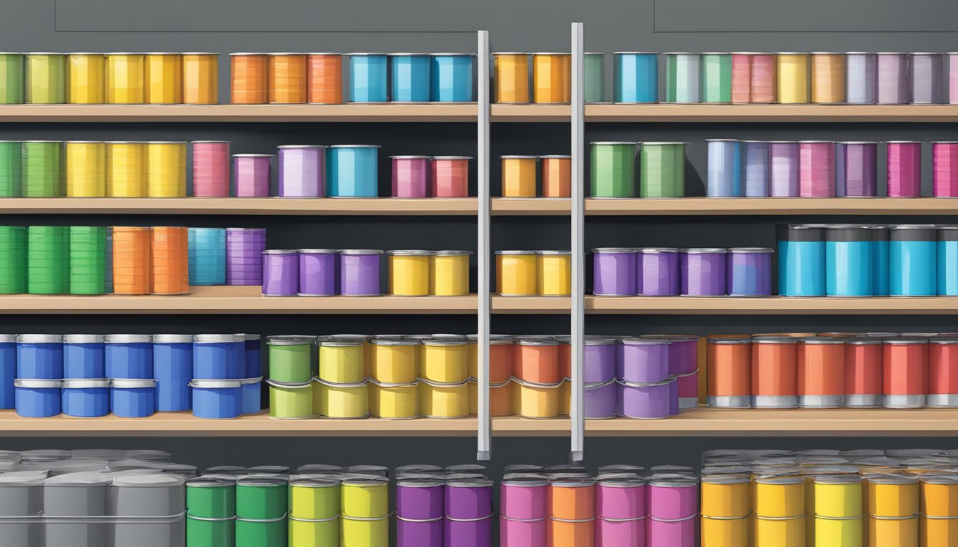 A colorful array of low-VOC paint cans and eco-friendly coating options displayed on a shelf in a well-ventilated room with safety signage