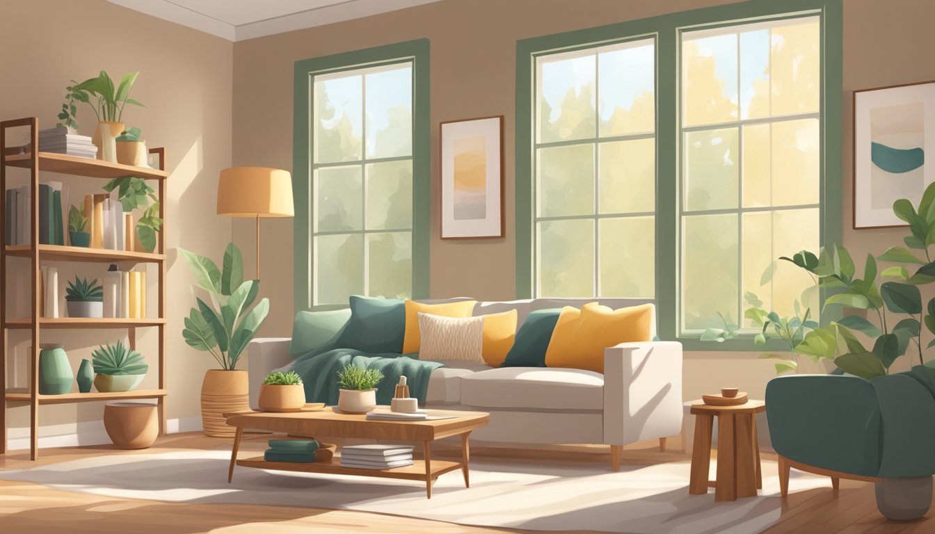 A cozy living room with sunlight streaming in through large windows, showcasing freshly painted walls in soft, earthy tones. A shelf displays eco-friendly paint cans, emphasizing low-VOC options for a healthy home environment