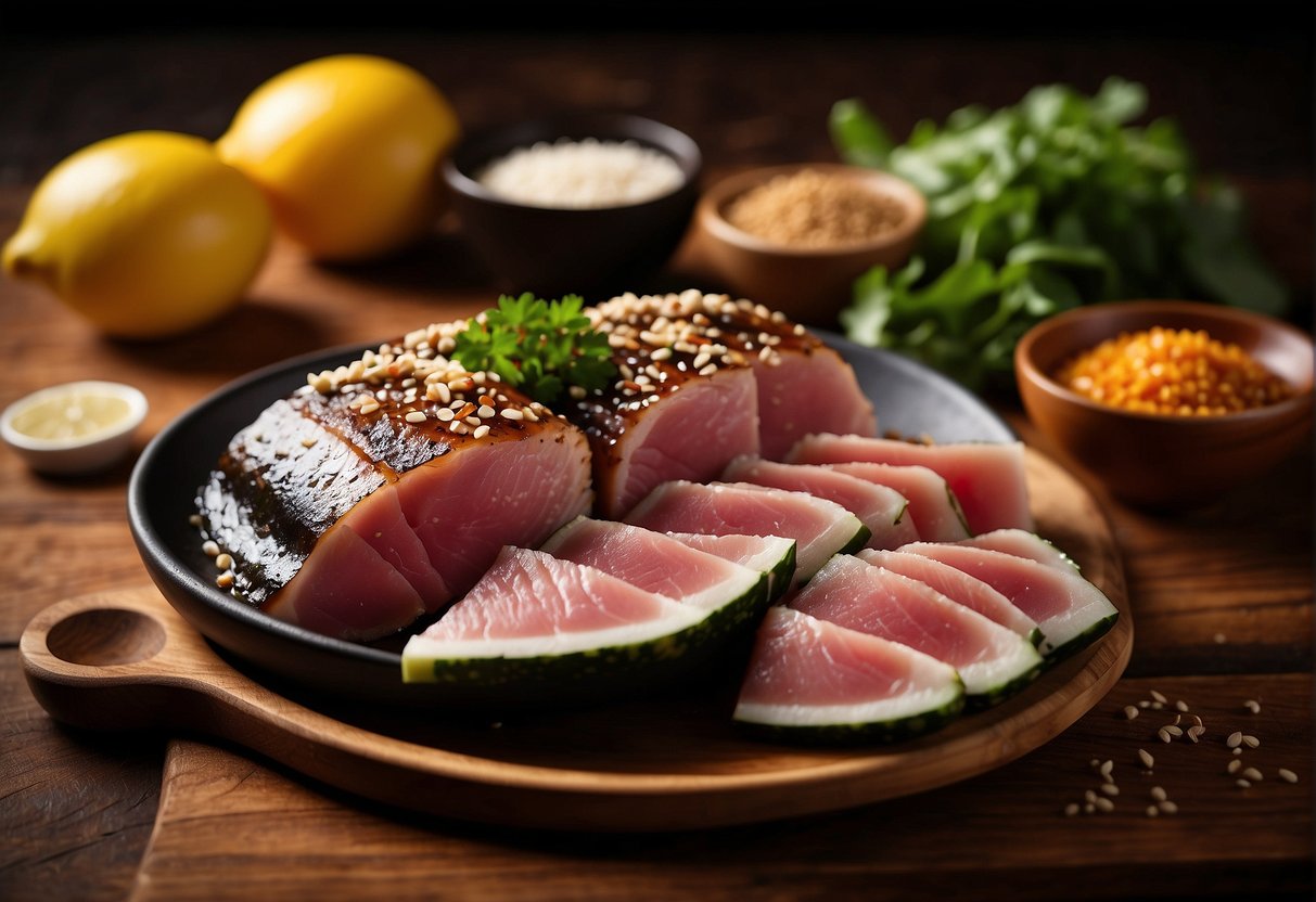 A bowl of marinated ahi tuna sits on a wooden cutting board, surrounded by ingredients like soy sauce, ginger, and sesame seeds