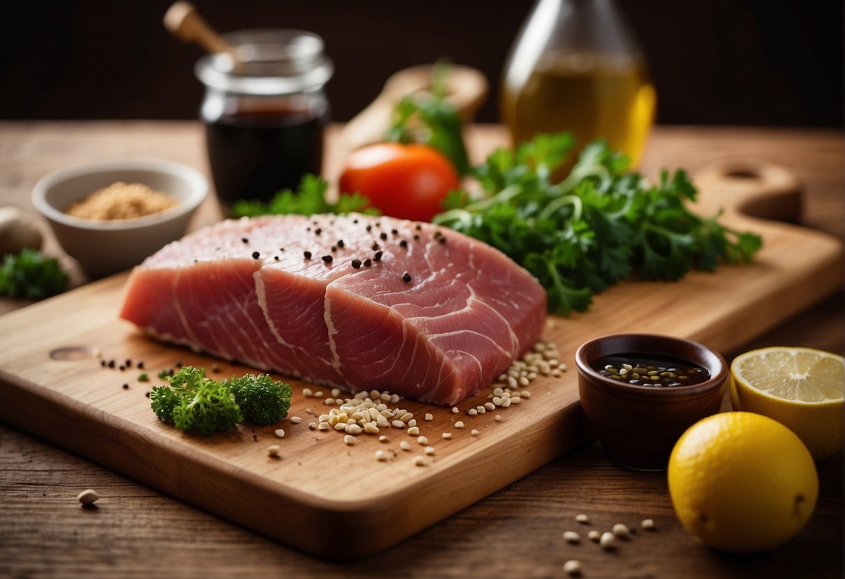 A wooden cutting board with ahi tuna, soy sauce, sesame oil, and other ingredients arranged neatly next to their potential substitutes