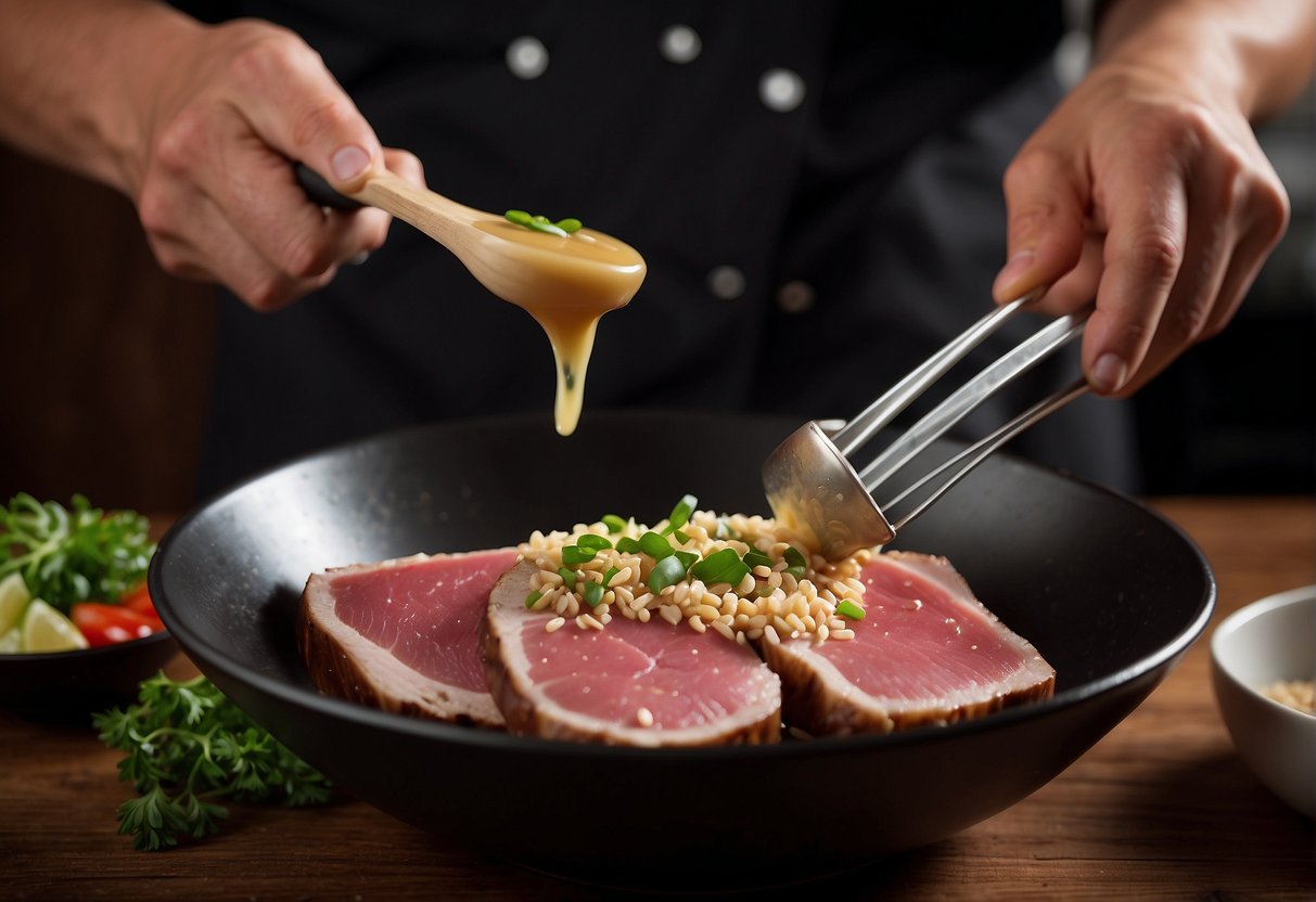 A chef mixes soy sauce, ginger, and sesame oil in a bowl, then brushes it onto a fresh ahi tuna steak
