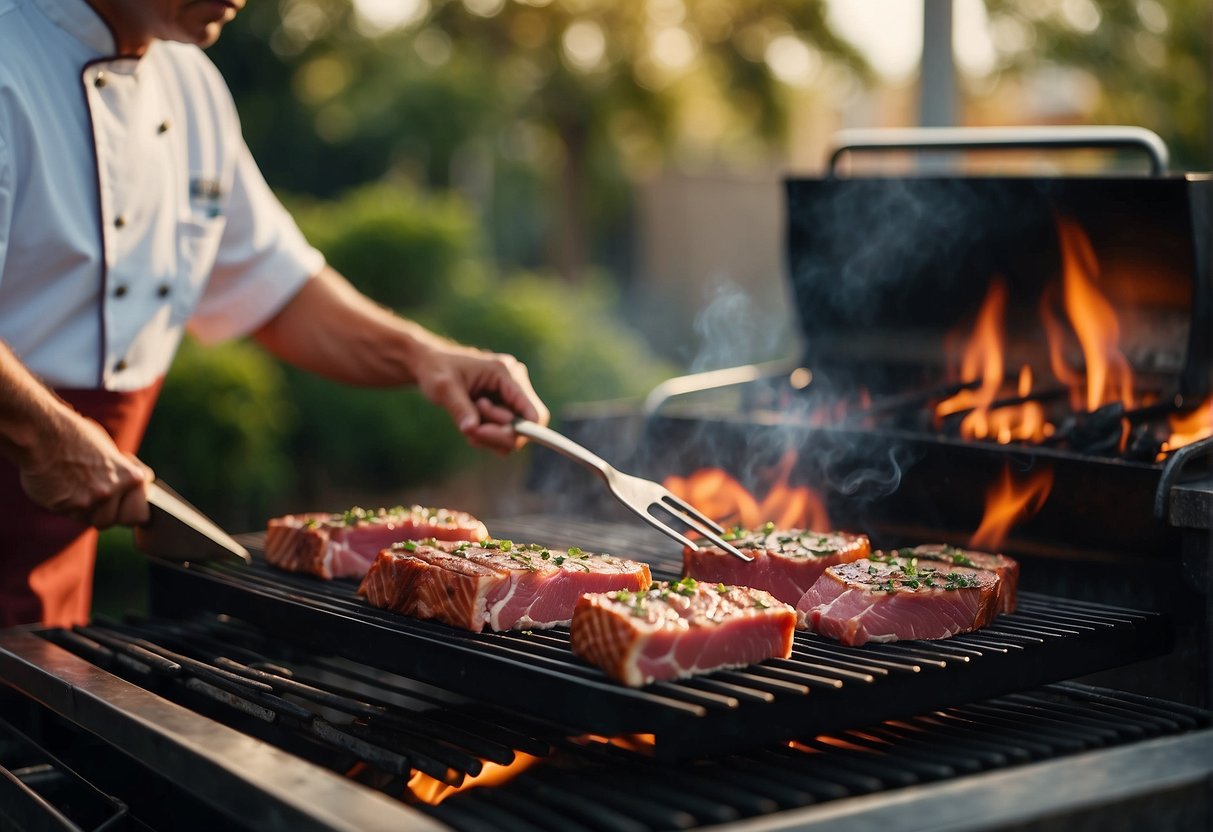 A chef grills ahi tuna on a barbecue, while simultaneously preparing a flavorful sauce with fresh ingredients