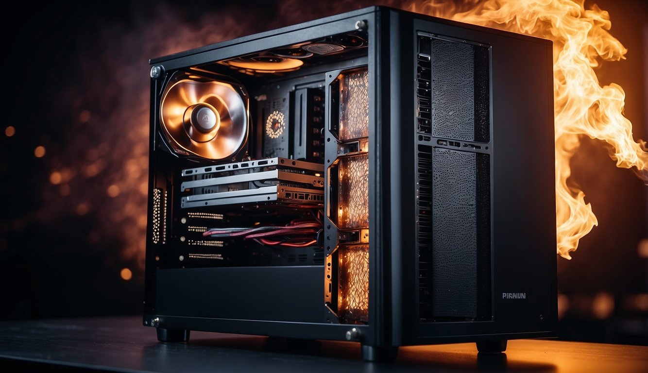 Computer tower with cooling fan spinning, flames flickering from overheating graphics card, power button unresponsive