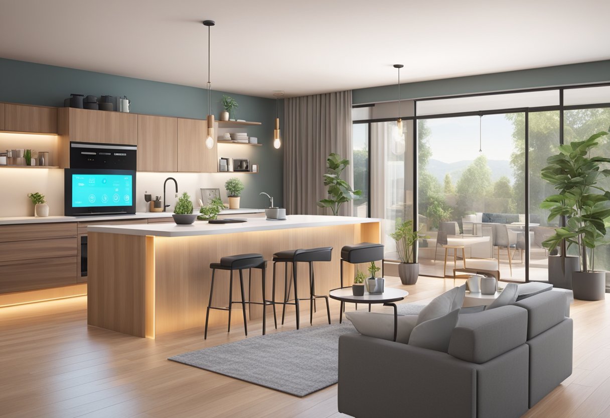 A modern living room with voice-activated lights, thermostat, and security system. Smart appliances, such as a refrigerator and coffee maker, are seamlessly integrated into the space