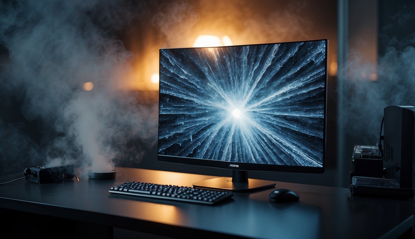 Computer screen frozen, graphics card overheating, smoke rising