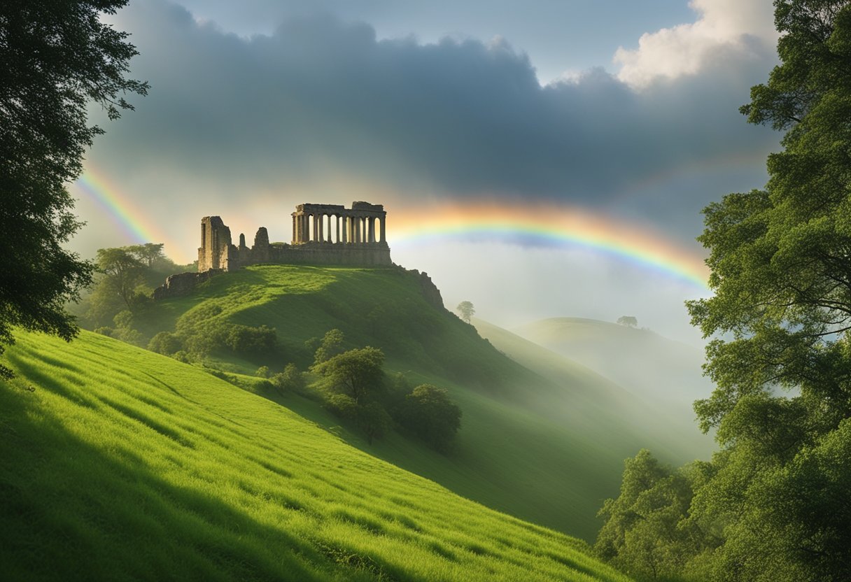 Lush green hills with ancient stone ruins, a mystical mist hangs in the air, a rainbow arcs across the sky