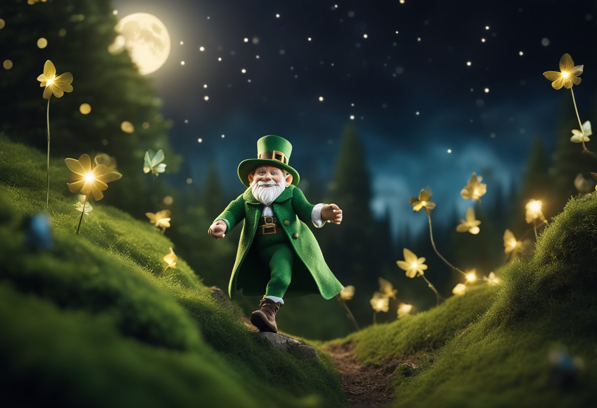 Explore Irish Heritage Mosaic101 - A leprechaun dances atop a hill, surrounded by mischievous fairies and a wise old banshee wailing in the moonlight