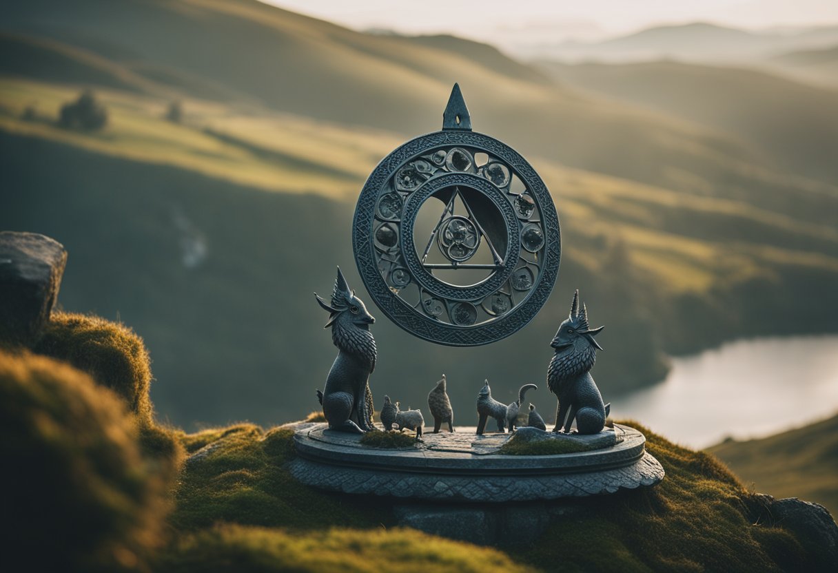 Irish Heritage - A gathering of mythical creatures and ancient symbols, surrounded by misty Irish landscapes and magical elements