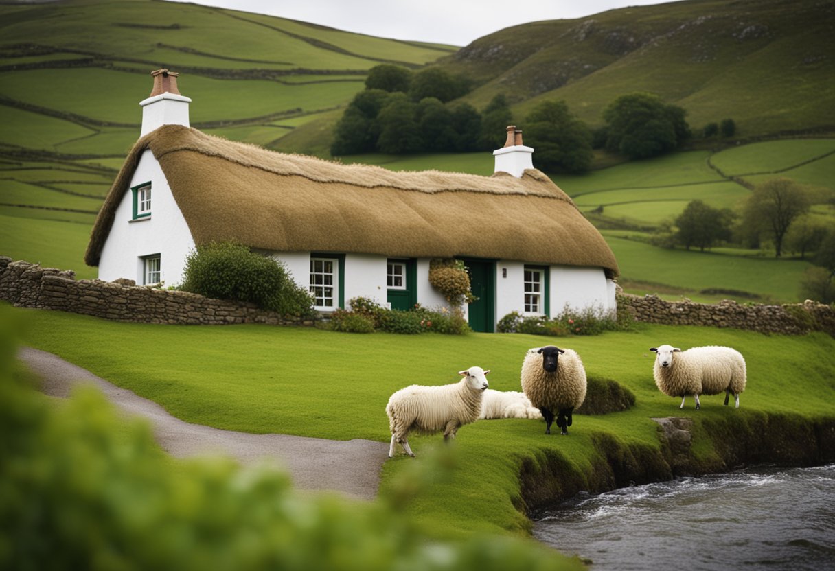 Explore Irish Heritage Mosaic101: Tell us Your Favourite Tale - A cosy Irish cottage with a thatched roof, nestled in rolling green hills, surrounded by sheep and a babbling brook