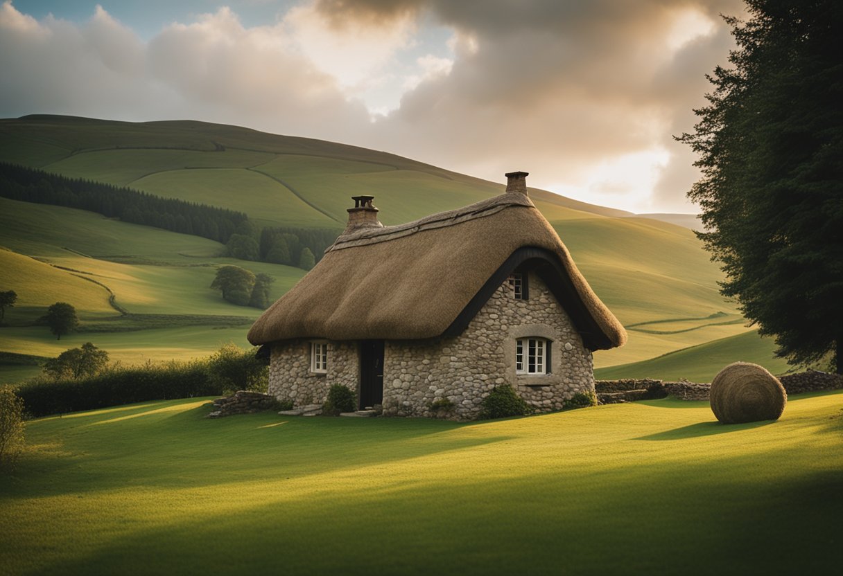 Explore Irish Heritage Mosaic101: Tell us Your Favourite Tale - A cozy cottage with a thatched roof, surrounded by rolling green hills. A stone circle stands nearby, with a fire burning in the center