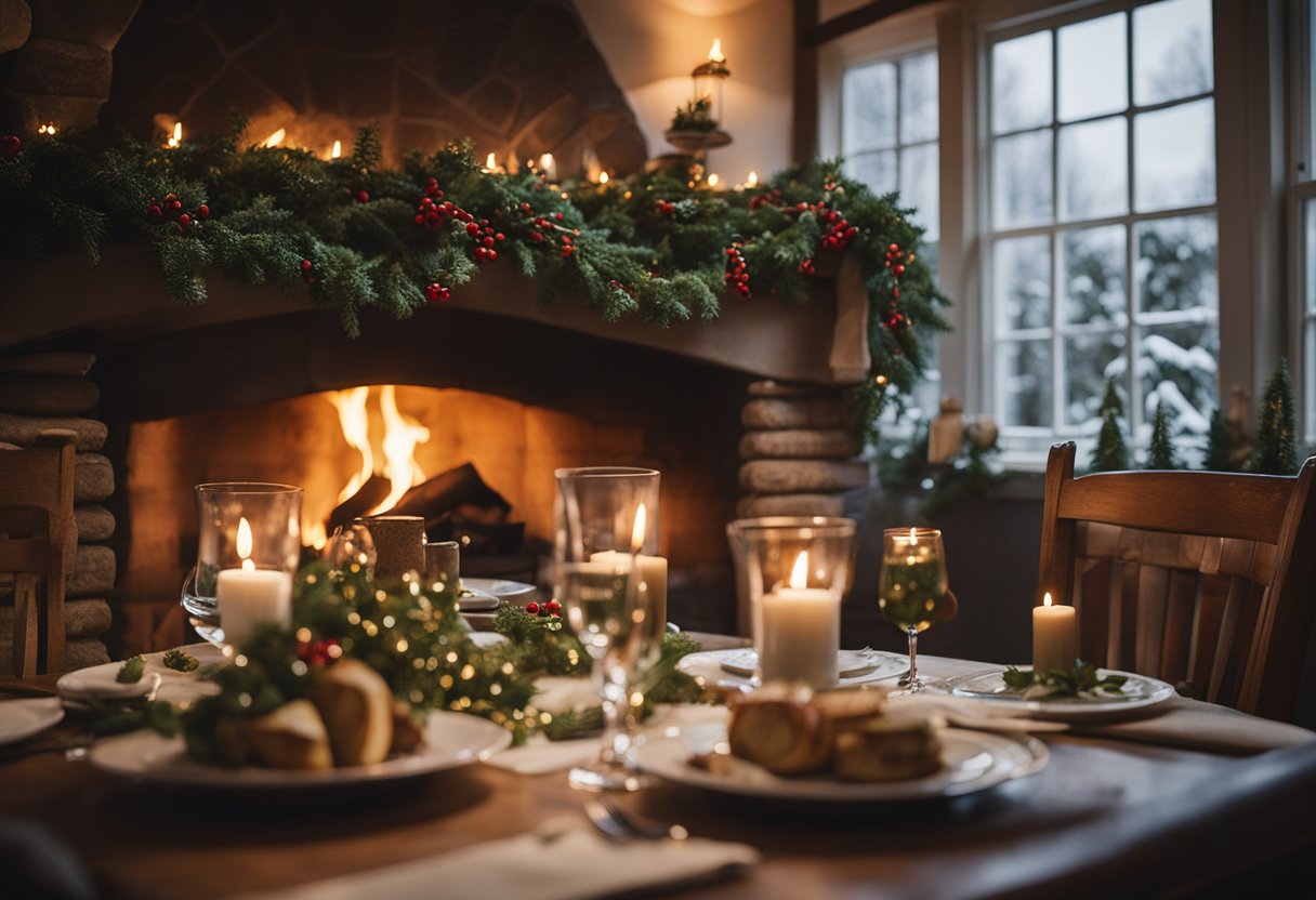 Explore Irish Heritage Mosaic - A cozy Irish cottage adorned with holly and mistletoe, a roaring fire, and a table set with traditional holiday fare. Outside, snow gently falls, creating a picturesque winter wonderland