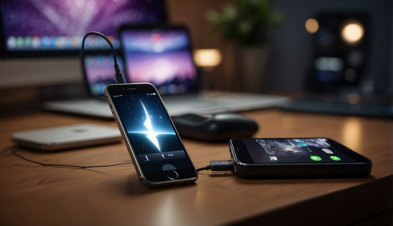 An iPhone connected to a USB stick via a lightning to USB adapter, with a cloud icon hovering above, representing the transfer of videos without a computer