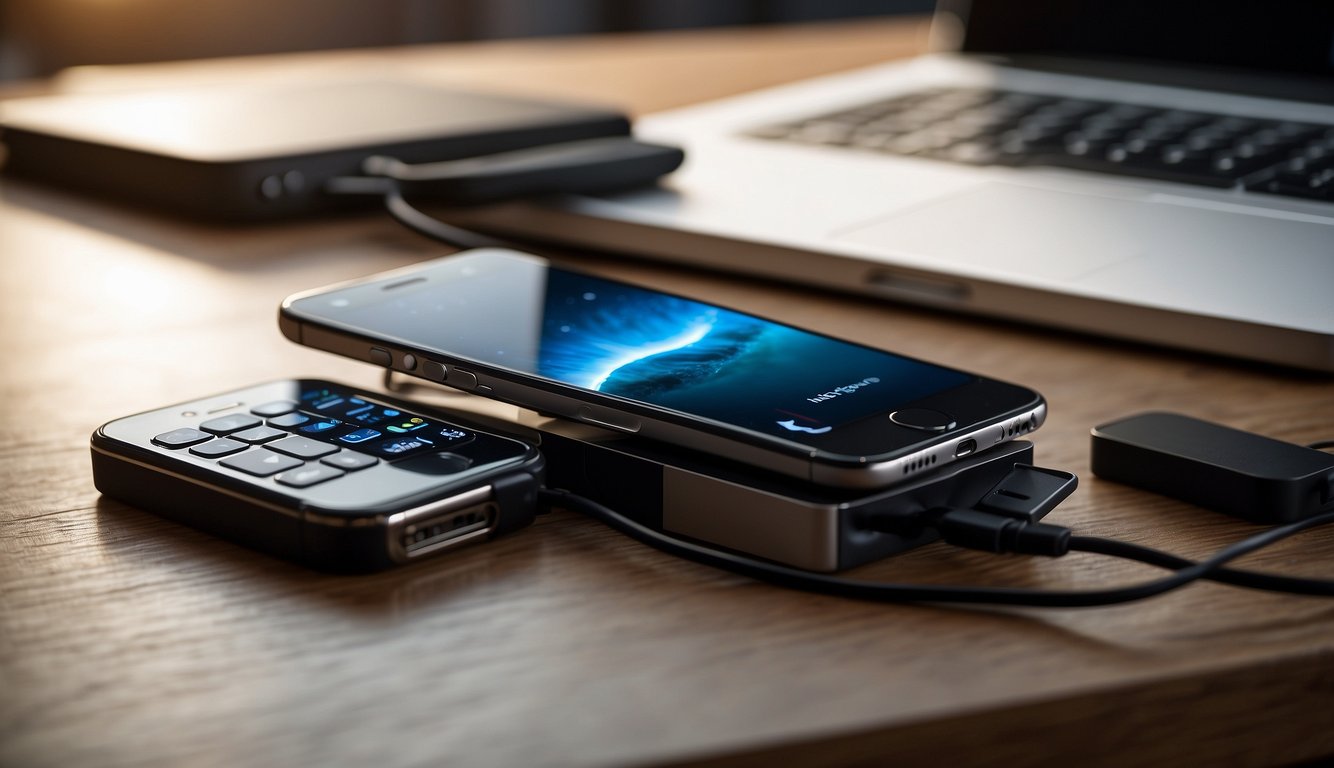 iPhone and USB stick on a flat surface. iPhone connected to USB stick with a cable. FAQ page in the background