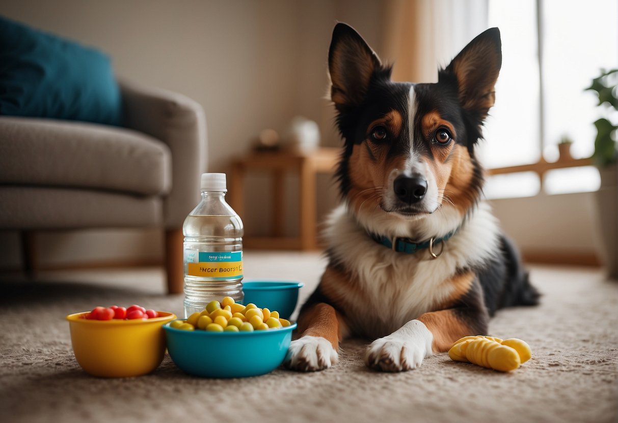 A dog sitting beside a full food and water bowl, a cozy bed, and a leash hanging on a hook. A brush and toys scattered around