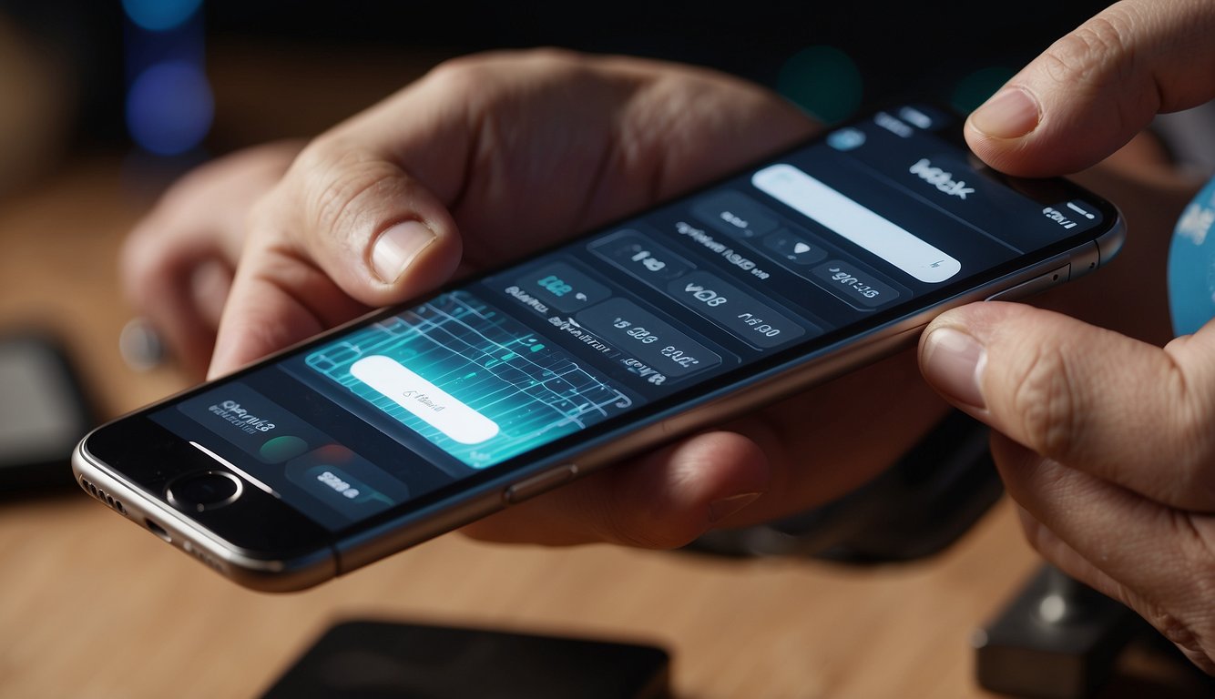 A hand inserts a USB drive into an iPhone. Music files transfer from the USB to the phone. The iPhone screen displays a progress bar