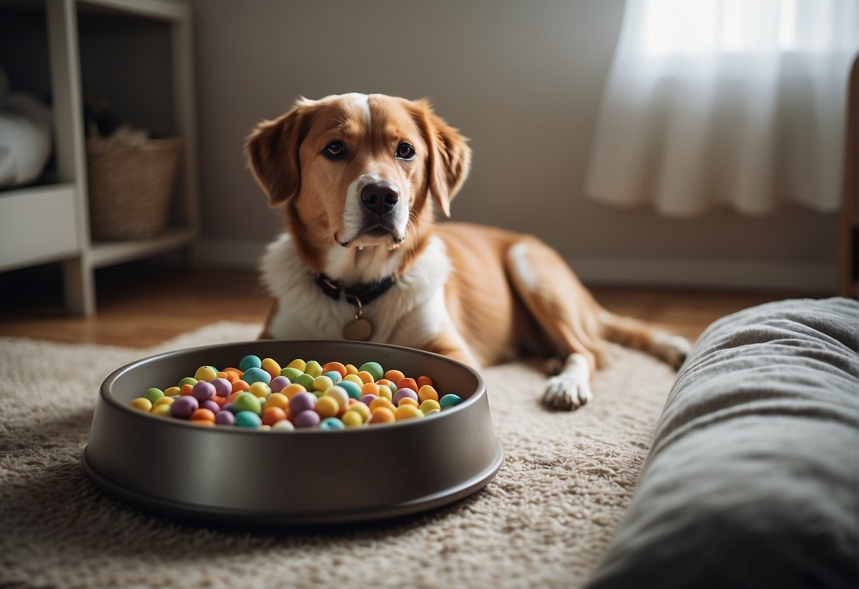 A dog sitting next to a food bowl, water dish, and a comfortable bed in a well-lit room with toys scattered around