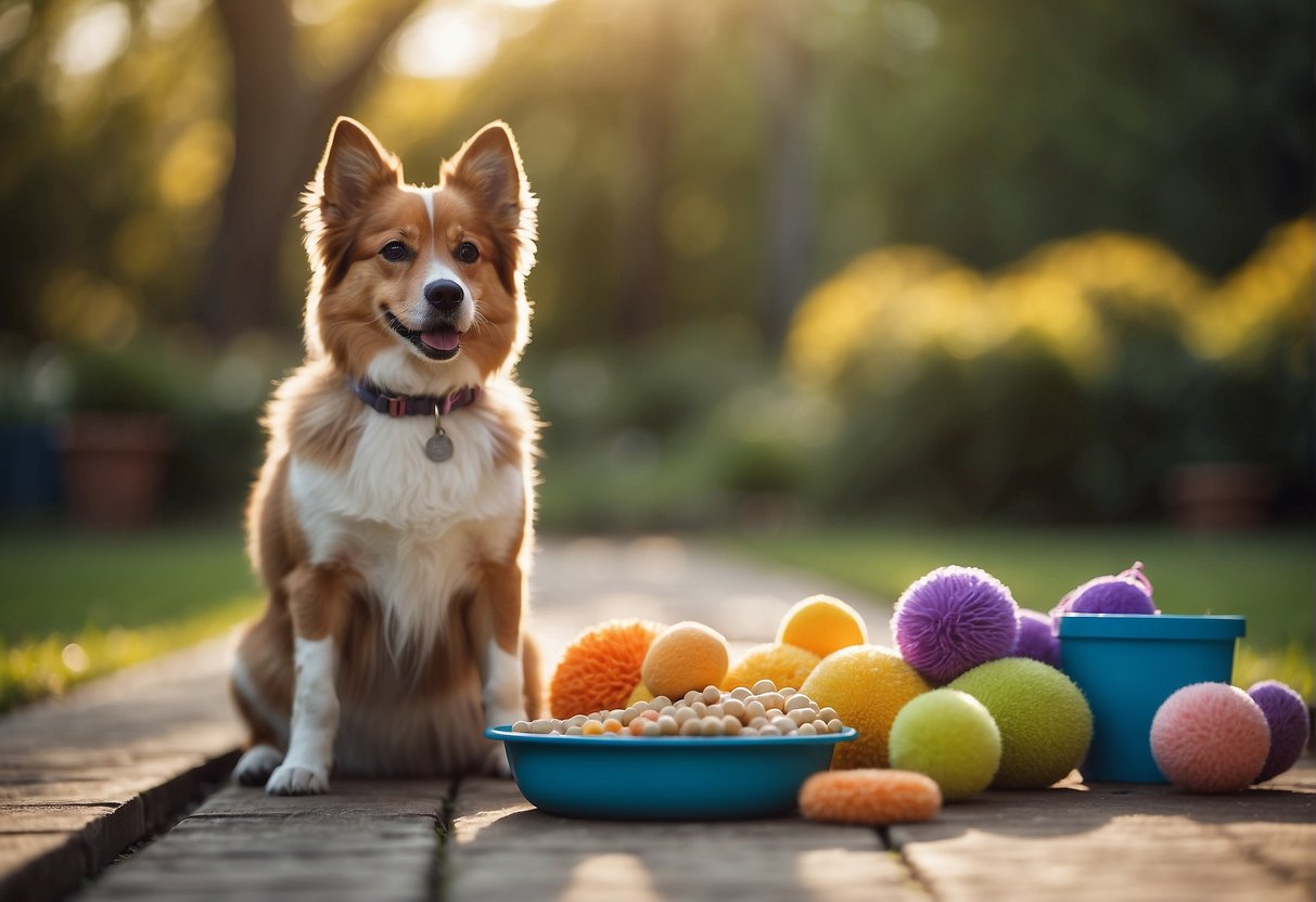 A dog sitting on a leash, surrounded by dog toys and food bowls. A person is holding a brush and a leash, ready to groom and walk the dog