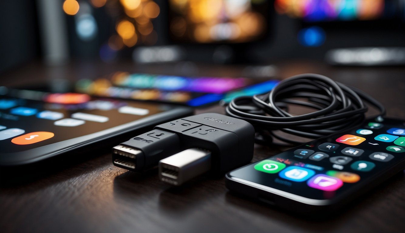A computer USB cable extends towards an Apple TV, ready to connect, amidst a sea of software icons