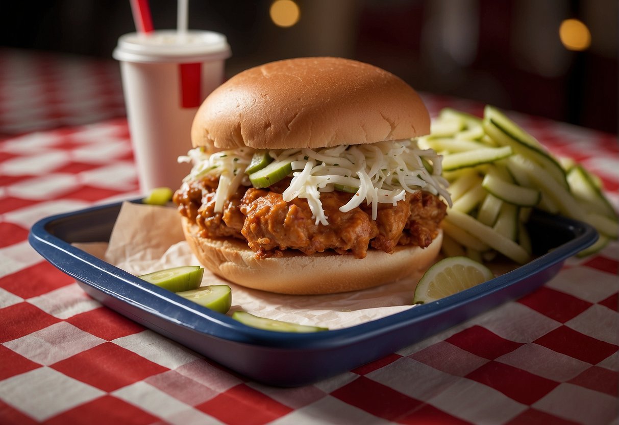 A sizzling hot chicken sandwich with pickles and a side of coleslaw on a red and white checkered paper tray