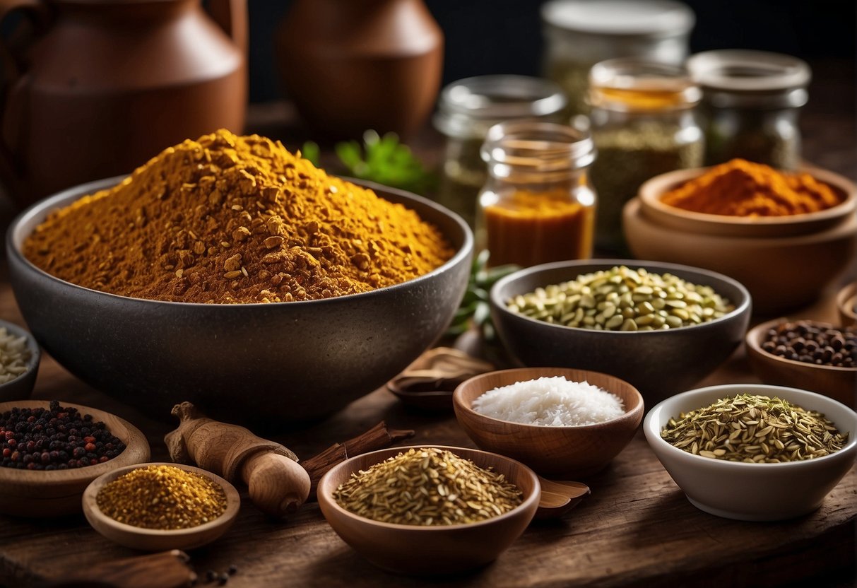 A table covered in various spices and herbs, with a mixing bowl and spoon ready to create the perfect spice blend for KFC Nashville hot chicken recipe