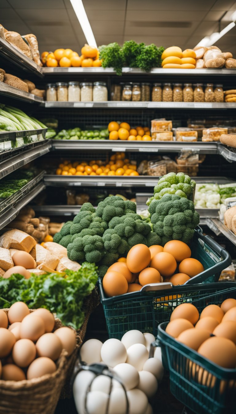 A grocery cart filled with fresh produce, dairy products, grains, and canned goods, along with a list of essential items like eggs, bread, and vegetables