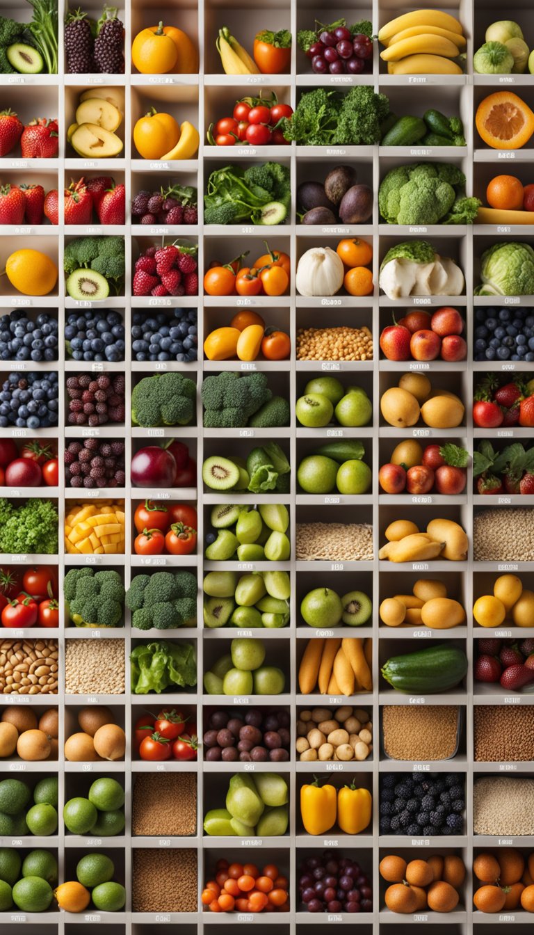 A variety of fresh fruits and vegetables, whole grains, lean proteins, dairy or dairy alternatives, healthy fats, and pantry staples neatly organized on a grocery list