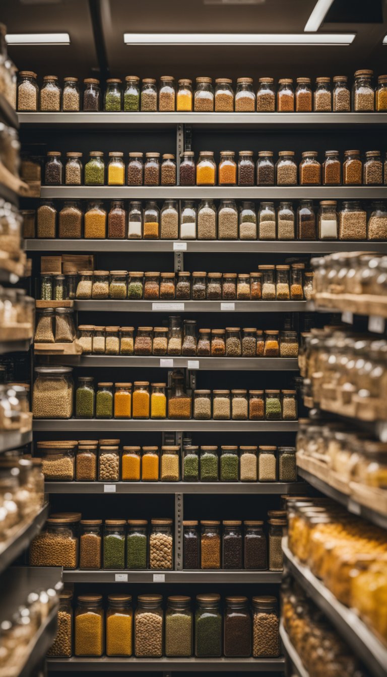 Aisle filled with exotic spices, colorful grains, and rare oils. Shelves stacked with unique ingredients from around the world. A sense of adventure and discovery in the air