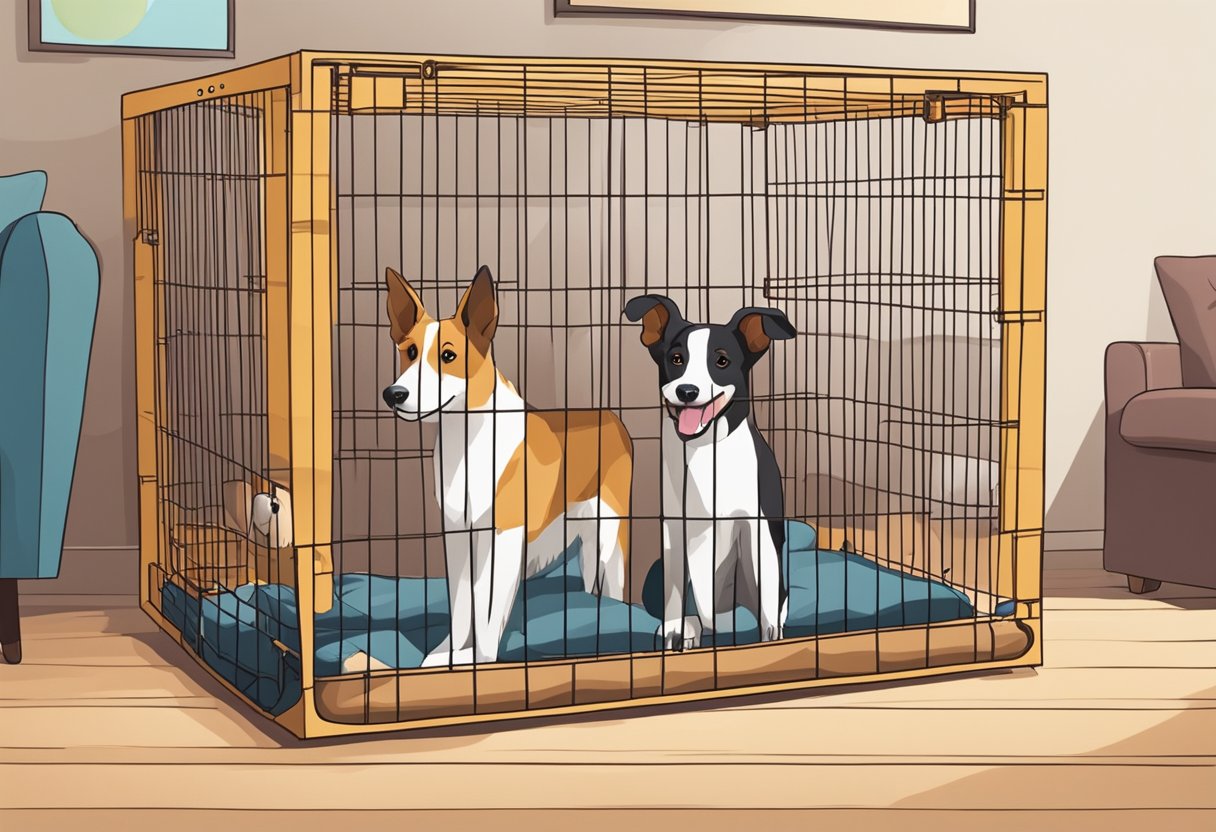 A dog happily enters a crate with a cozy bed and toys inside, while a person looks on with a smile