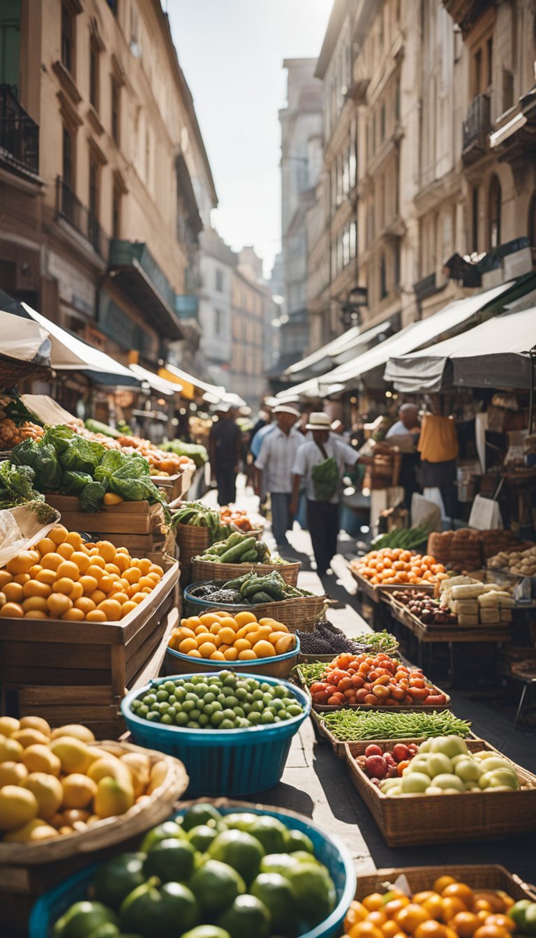 A bustling street market with colorful stalls and fresh produce. Customers chat with local vendors, enjoying the sense of community and supporting small businesses