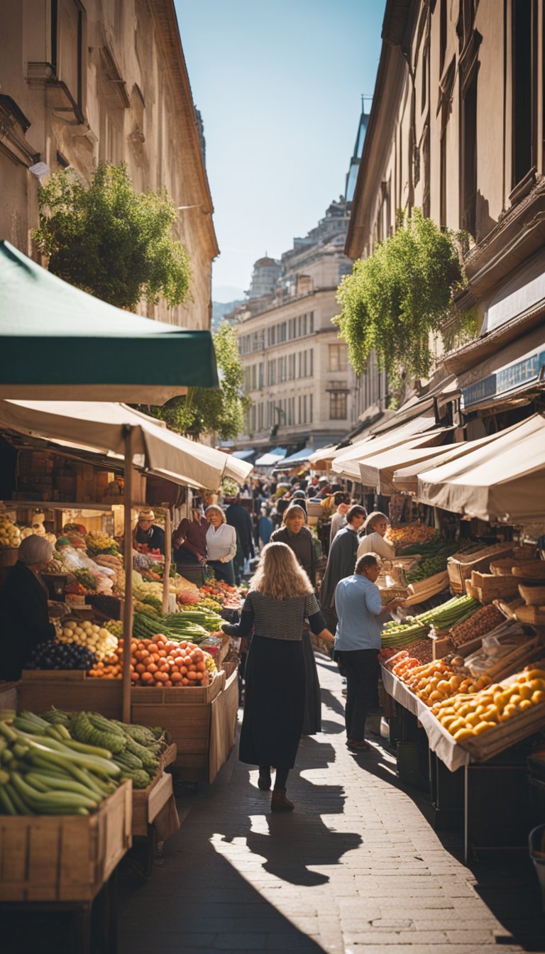 A bustling street market with colorful stalls and friendly vendors. Customers chat and sample fresh produce, showcasing the benefits of shopping locally