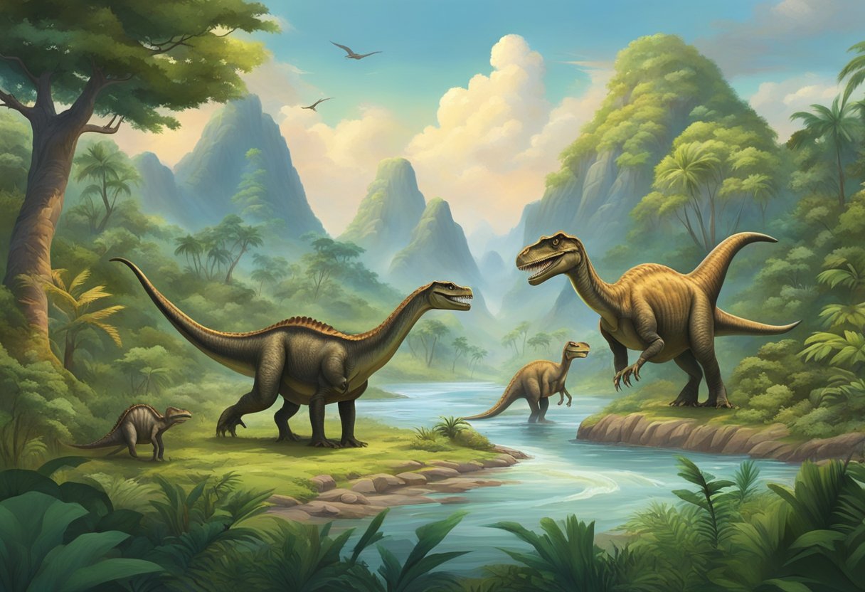 A variety of dinosaurs roam a lush, prehistoric landscape, with towering trees and a flowing river