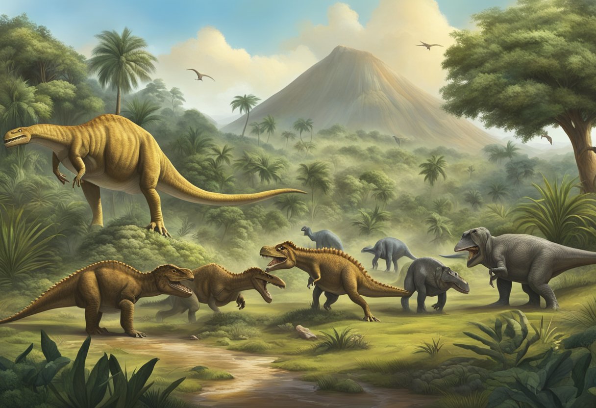 Various types of dinosaurs in a prehistoric landscape, with towering herbivores grazing and carnivores hunting